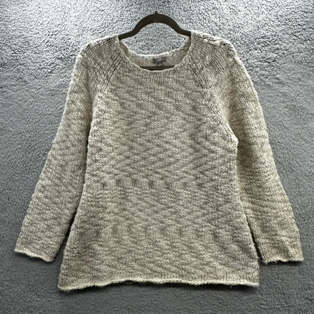 J. Jill Womens Large Oatmeal Wool Alpaca Blend Chunky Open Knit Sweater Pullover